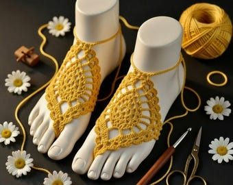 Crochet Barefoot Sandal Pattern: Boho Footless Shoes PDF + Video Tutorial, Handmade Summer Beach Jewelry for Festivals, Yoga & Gifts