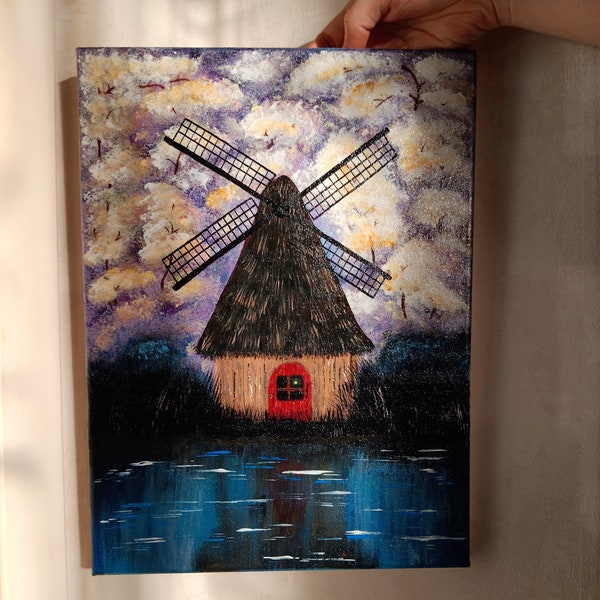 Original acrylic painting of a windmill surrounded by magical forest.Cottage wall art decor. Fantasy painting on canvas. Landscape painting