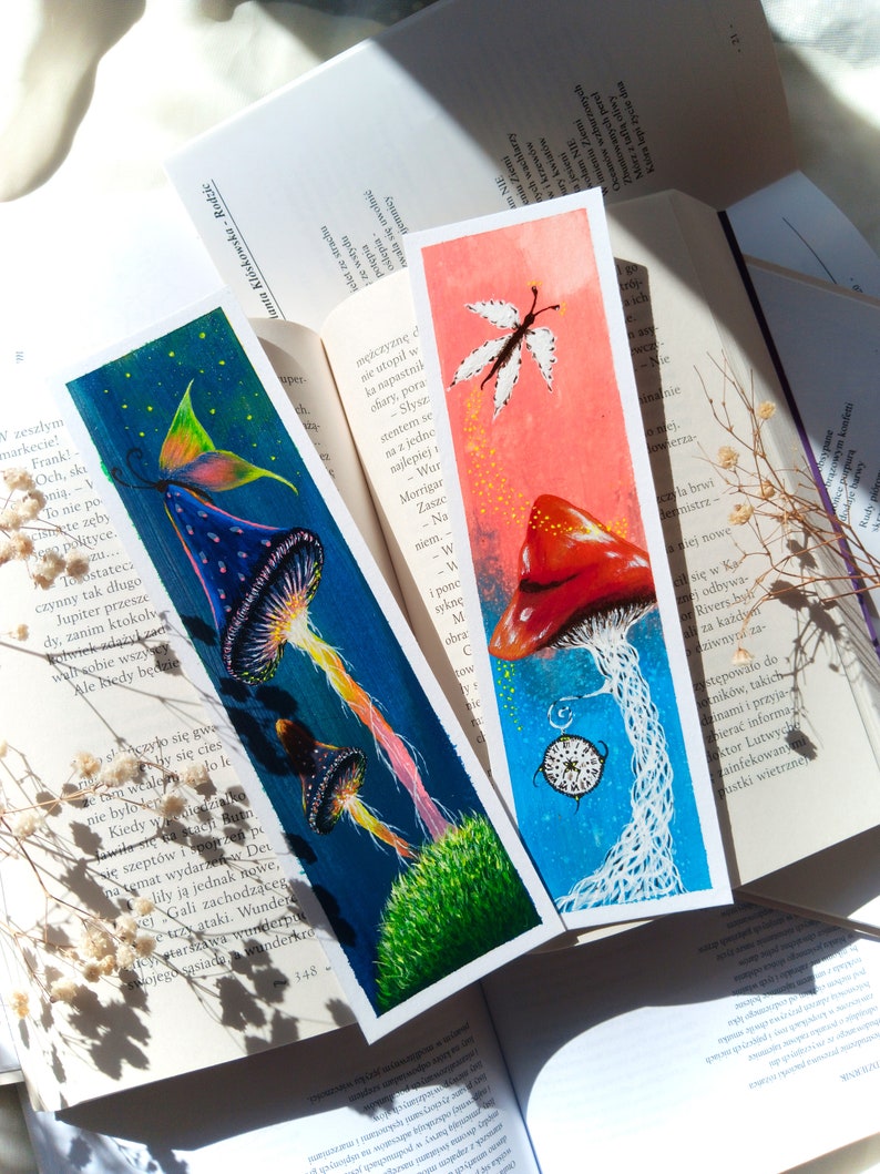 Set of two bookmarks with mushrooms Hand-painted bookmarks Book lovers gift Gift for Art and Literature Lovers Reading Accessories Booktok zdjęcie 10