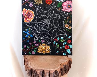 Cuadro acrílico original pintado a mano con flores y telaraña, pintura acrílica sobre lienzo, hermosa decoración de pared.
