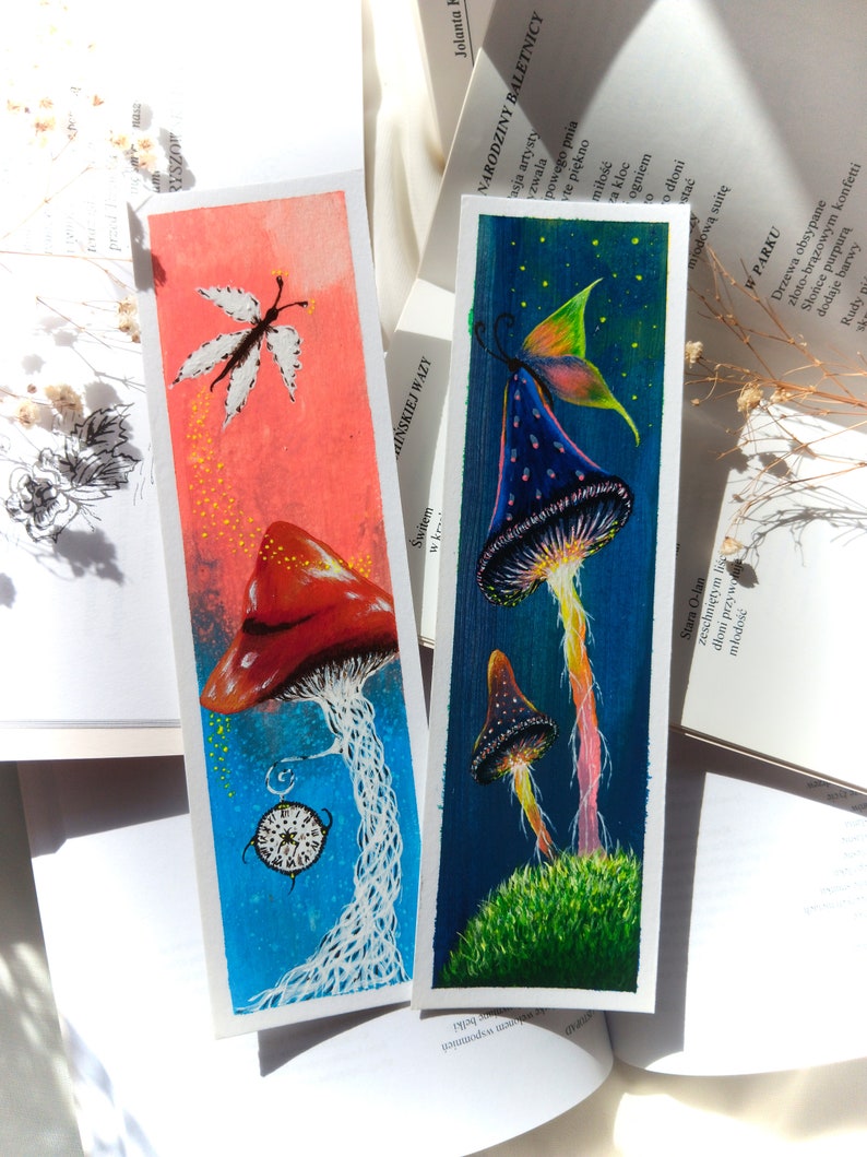 Set of two bookmarks with mushrooms Hand-painted bookmarks Book lovers gift Gift for Art and Literature Lovers Reading Accessories Booktok zdjęcie 7