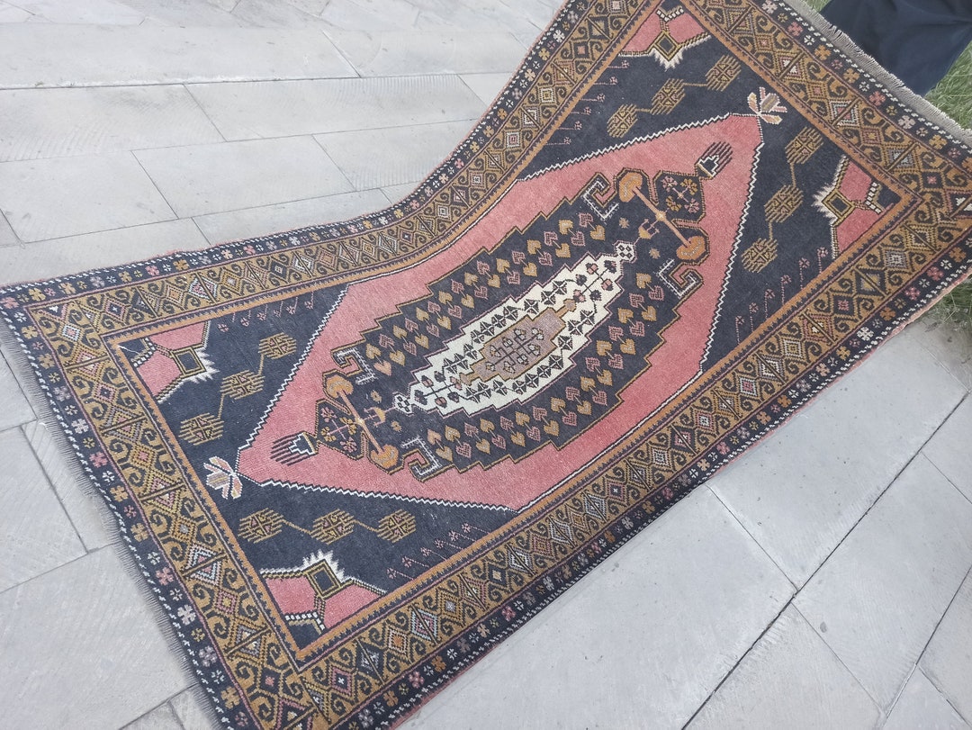 くったりラグ　トルコ　ヴィンテージ　ラグ　ウール100% ヴィンテージトルコウールラグ 4x7：手作りの東洋風トライバル装飾