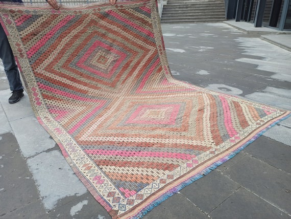Vintage Turkish Kilim Rug: Oversize Embroidered Wool Adana Cecim