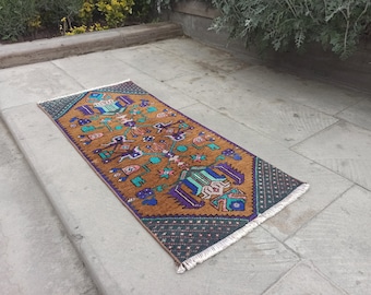 Vintage Turkish Wool Rug 1x3: Small Oriental Art Deco Carpet