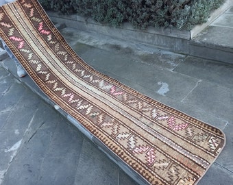 Handmade Patchwork Wool Runner Rug: Vintage Turkish Tribal Design (2x8)