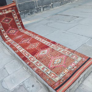 Herki Tribal Wool Rug Runner: Vintage Turkish Handmade Claret Red