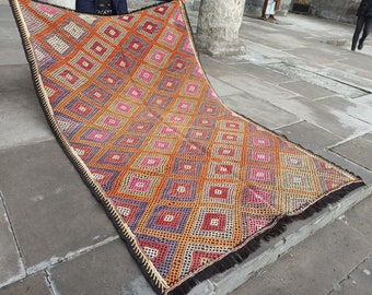 Excellent Kilim rug | Vintage-handmade + Kilim rug for sale / Rustic decor , Antique wool * Orange-Pink LOVE ( perfect embroided ! 5x7.8 ft