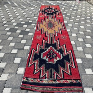 Vintage Turkish Herki Wool Rug Runner, Navy Blue Hallway Runner(2.7x12.8)