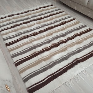 Handmade Mohair Wool Blanket: Turkish Siirt Tribal Striped Rug (5.3x7 ft)