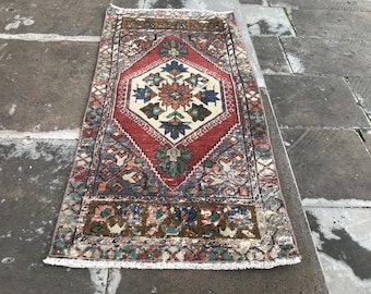 Vintage Turkish Art Deco Rug 2x3: Hand Knotted Wool Kitchen Rug
