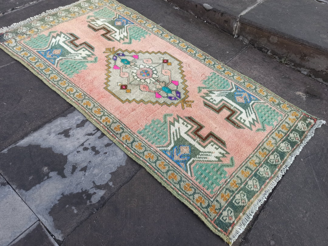 Colorful Old Rug Melon in Color, Vintage Rug 2x4, Handwoven-wool, Pale Old Rugs, Mini ...
