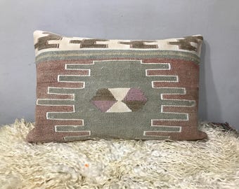 ヴィンテージキリム枕カバー 16x24：手作りトルコウールクッション