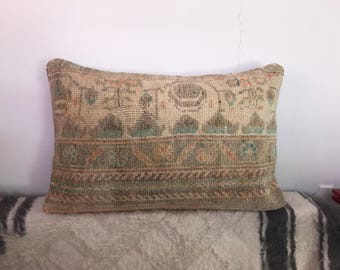 Handmade Turkish Rug Pillow Cover: Vintage Wool Cushion, 16x24 Inches
