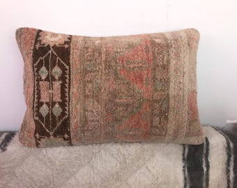 Handmade Wool Kilim Pillow Cover 16x24: Anatolian Tribal Cushion, Pastel Sofa Decor