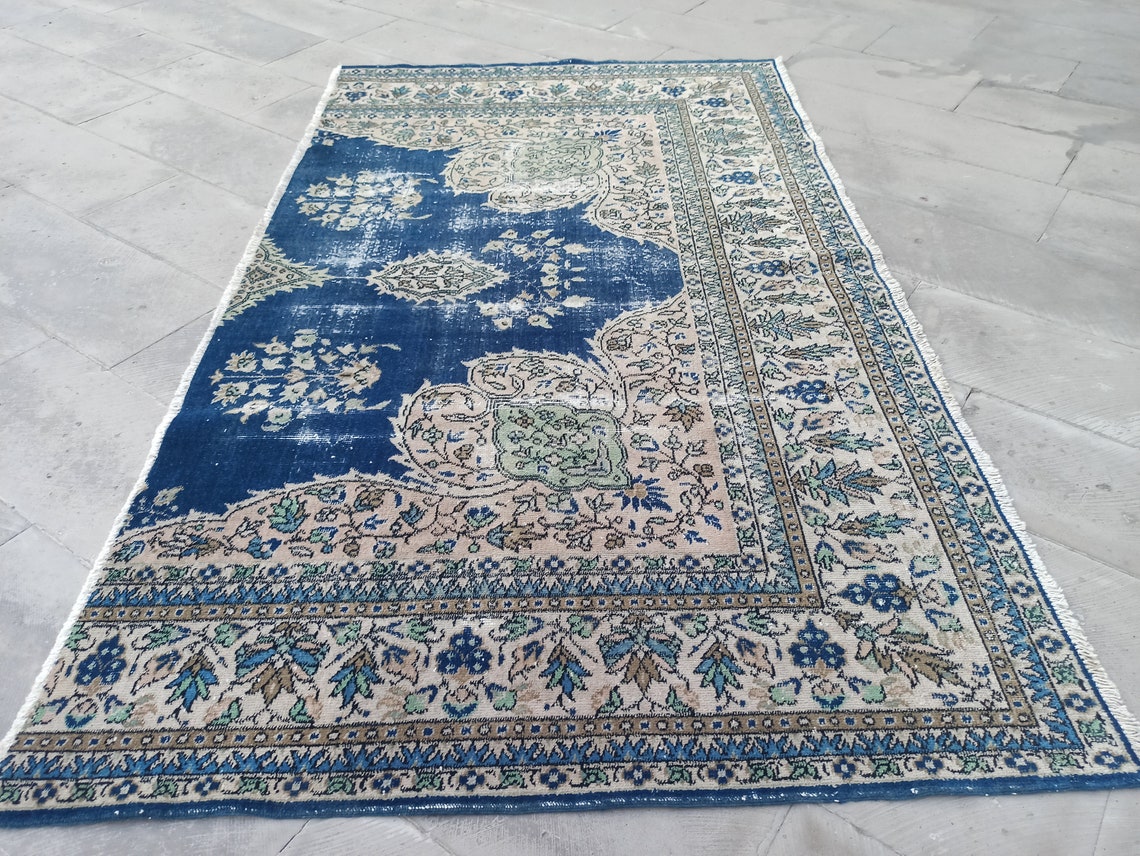 Blue vintage rugs turkish rug handmade wool rug stunning Etsy