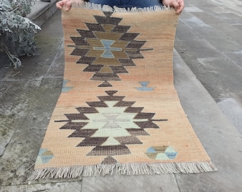 Turkish rug , vintage door mat , small kilim , wool an wool rug , İnteresting Colored kilim , Hand made door mat , 2x3 kilim rug, wall decor