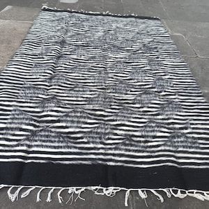 Handmade Turkish Mohair Blanket: Striped Kilim Rug, White & Black