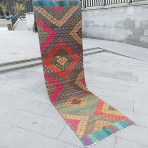 Rainbow Kilim Rug: Turkish Vintage Wool Runner (274x78 cm)