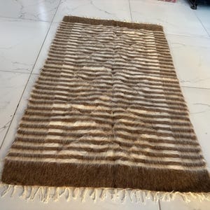 NEU Handgefertigt! Decke/Teppich aus Ziegenwolle und Mohair, gestreift, im Ethno-Stil, 85 x 130 cm