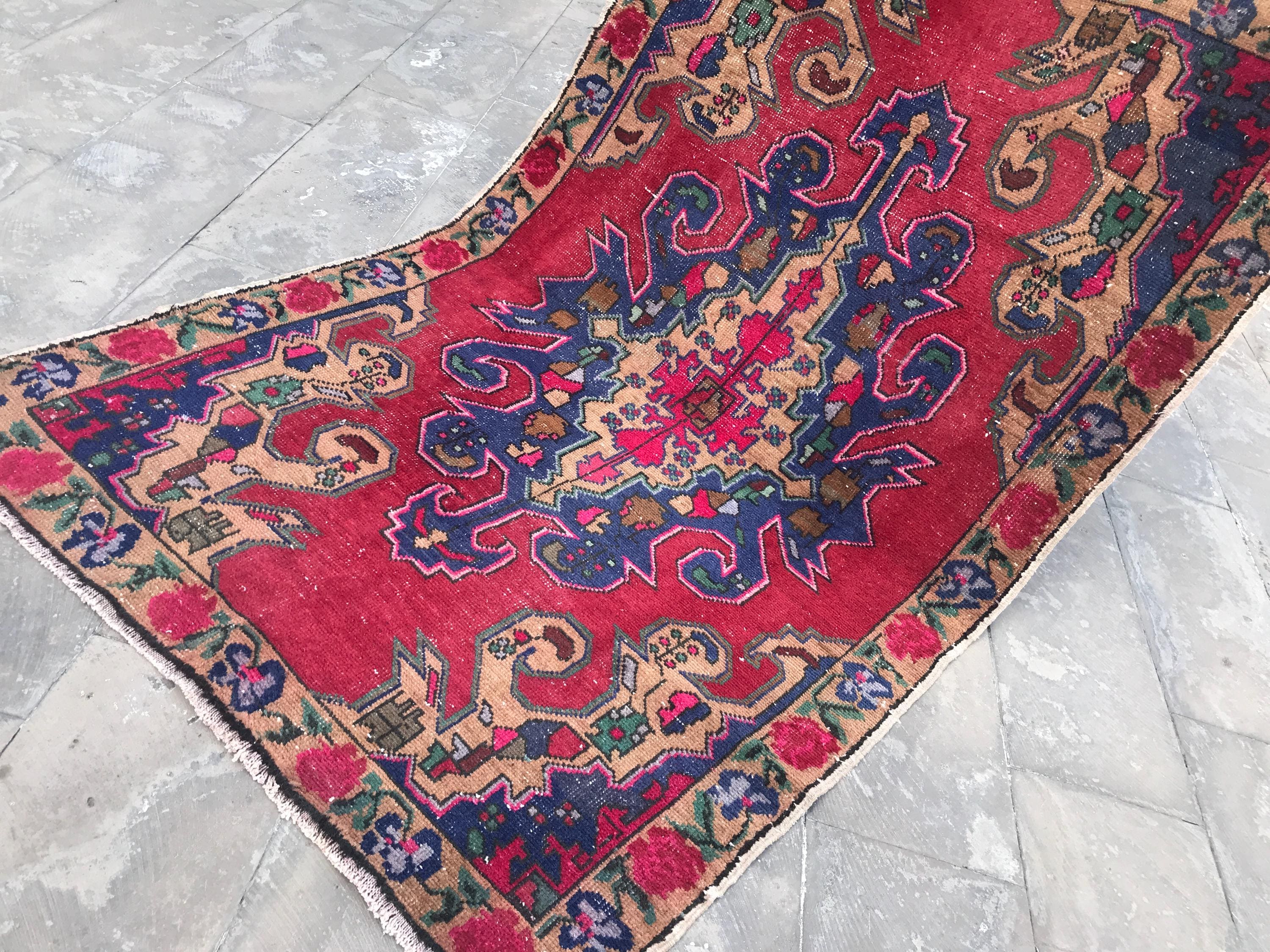Vintage Turkish Avanos Rug: Red & Blue Tribal Wool Area Rug (4.3x6