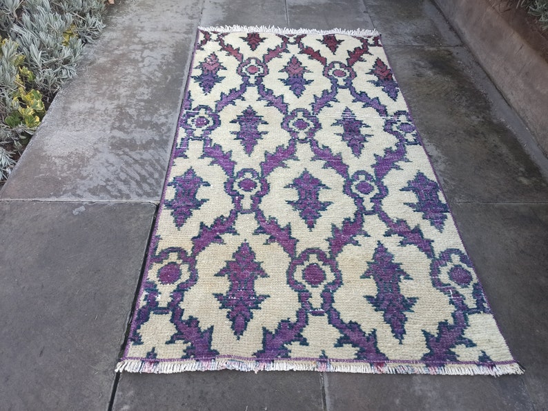 PURPLE LOVE, Great Bathroom Runner, Vintage 2x4 Rug, Handmade Beige