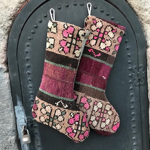 twins vintage stocking, patchwork rug socks, christmas kilim stockings, holiday stockings, decorative twin socks, boho stocking, family gift