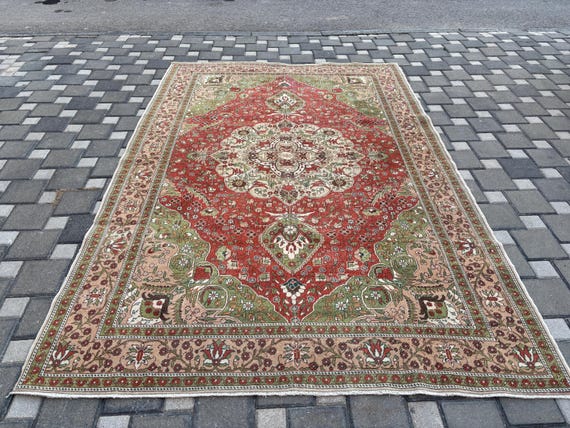 Kayseri! Claret Red-Green Oversized Vintage Turkish Rug: 6.4x9.6 Ft