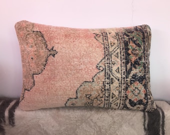 Vintage Turkish Rug Pillow Cover: Handwoven Wool Lumbar Cushion, 16x24