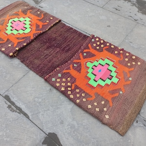 Vintage Turkish Kilim Saddle Bag: Art Deco Wool Decor