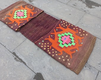 Vintage Turkish Kilim Saddle Bag: Art Deco Wool Decor