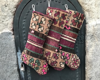 stocking set of 3, kilim stockings, vintage-hand-knitted , stocking for sale, xmas for gift , christmas ornament, family decor, art decor ++