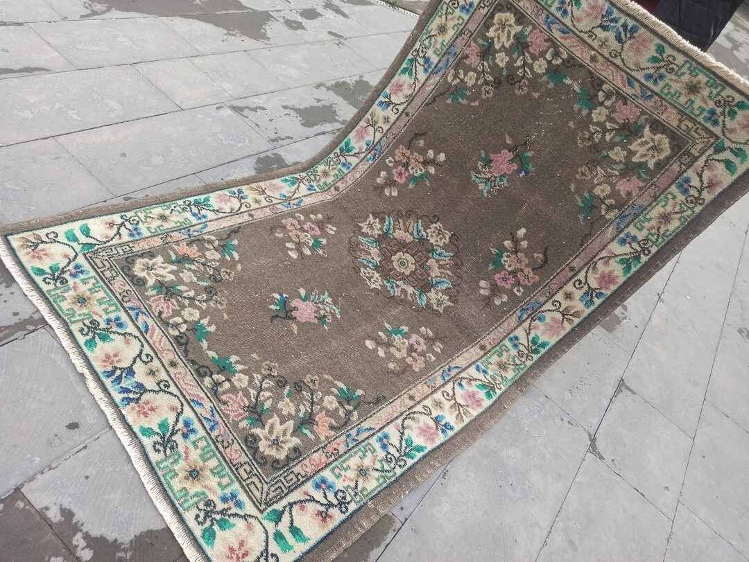 ヴィンテージ トルコウールラグ 4x7：ダークグレーグリーンフローラル