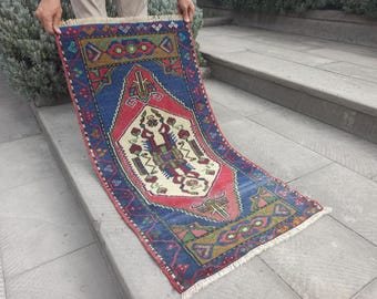 Vintage Handwoven Turkish Runner Rug: 2x4 Rustic Wool Rug