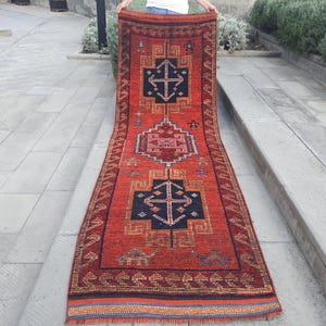 Vintage Herki Wool Runner Rug: Turkish Tribal Anatolian Decor (3x9.7)