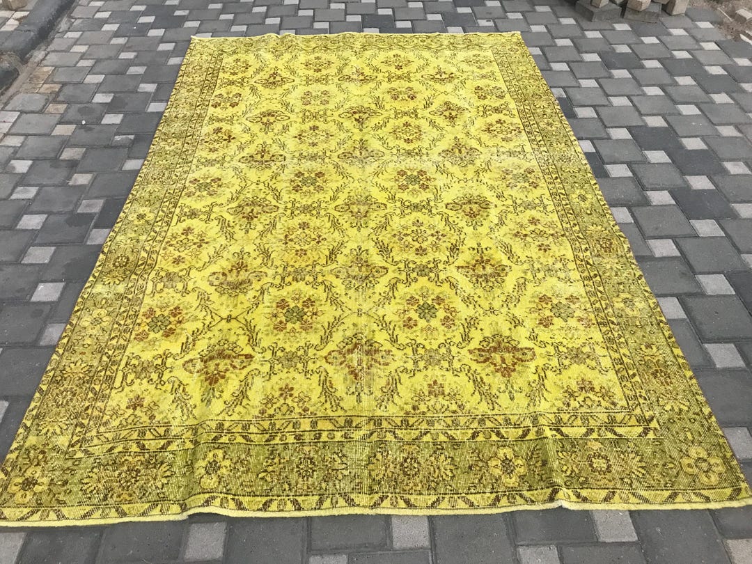ヴィンテージ トルコ製オーバーダイラグ：黄色の花柄、ハンドメイド