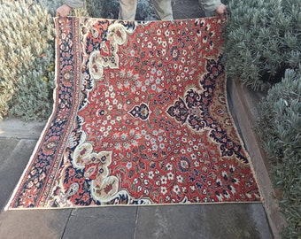 Vintage Kayseri Rug: 4x4 Turkish Wool Square Rug, Tribal Design