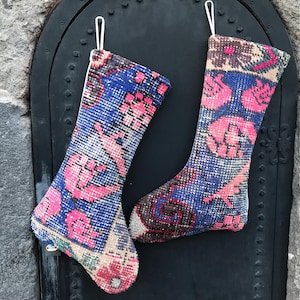 WOW!!!, GREAT, Blue-Pink LOVE, Avanos Tribal, Twin sock,  Christmas Stocking, Vintage handmade stocking, Santa blue sock, Xmas Pink Stocking