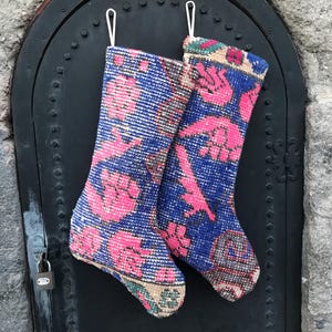 WOW!!!, GREAT, Blue-Pink LOVE, Avanos Tribal, Twin sock,  Christmas Stocking, Vintage handmade stocking, Santa blue sock, Xmas Pink Stocking