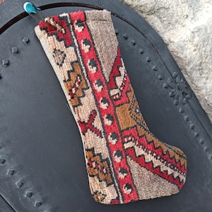 Vintage Kilim Christmas Stocking: Handwoven Turkish Wool Decor
