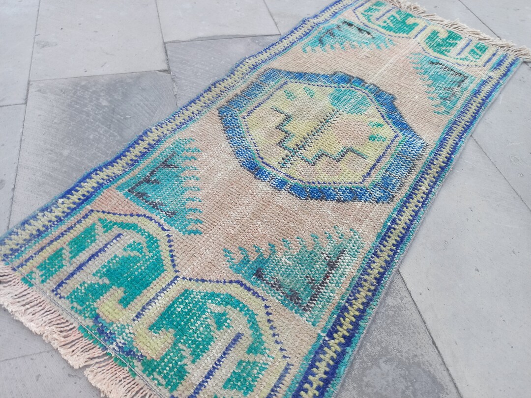 Vintage Turkish Wool Rug 2x4: Handmade Green Aztec Doormat - Etsy