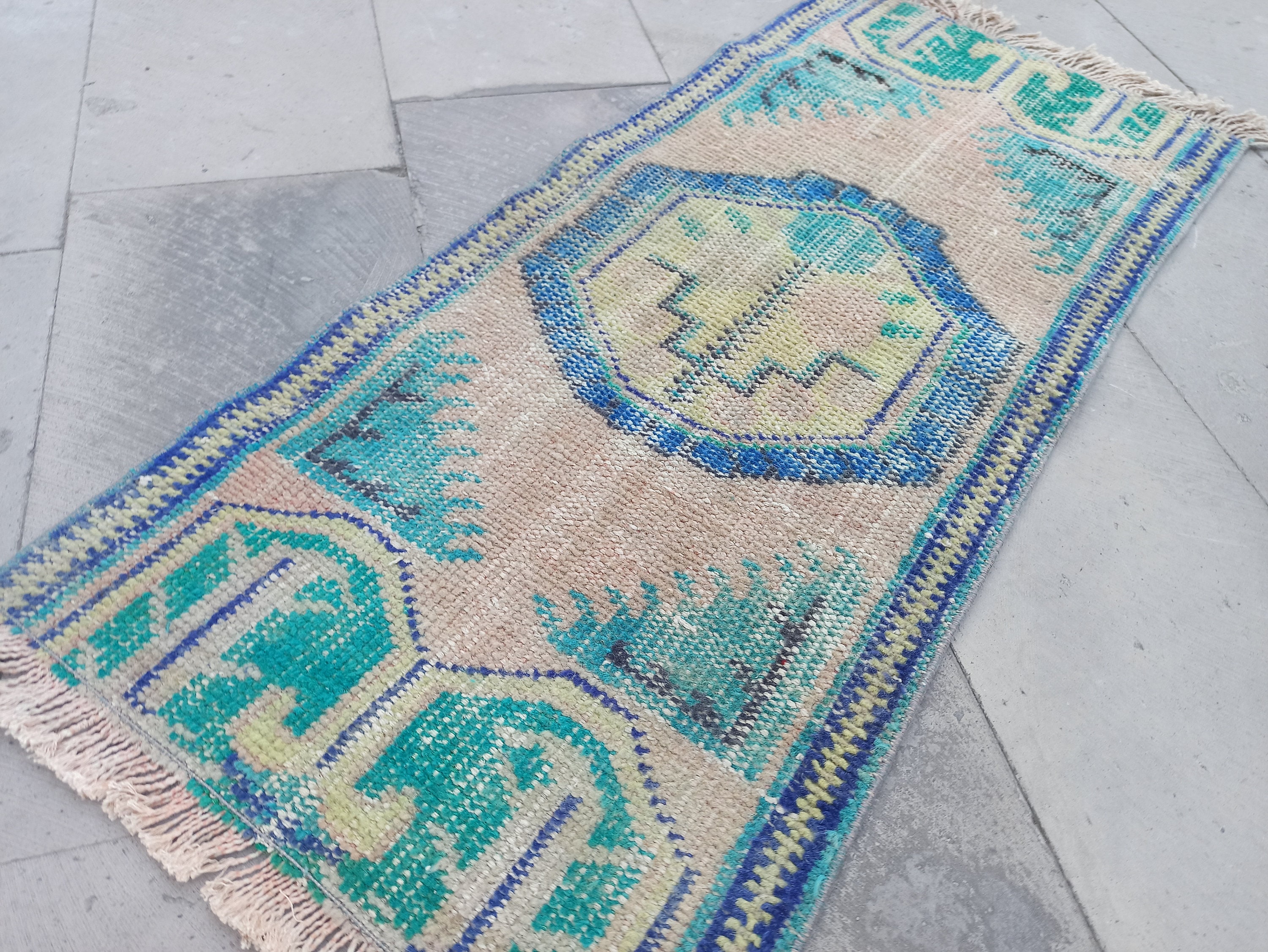 Vintage Turkish Wool Rug 2x4: Handmade Green Aztec Doormat - Etsy
