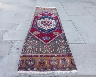 Vintage Turkish Runner Rug: Red & Purple Anatolian Wool Rug (2x6 ft)