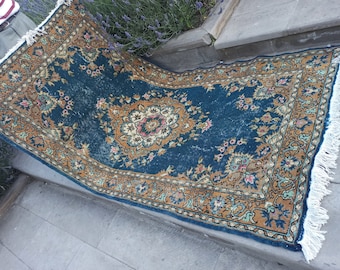 Vintage Turkish Wool Rug 4x7: Handmade Anatolian Oushak, Navy Blue & Brown