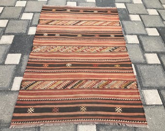Vintage Thin Kilim Accent Rug, Autumn Colors Mini Kelime, Turkish Wool Kilim Rug, Wall Hanging Kilimi, Cute Gift Kilim, Old Rug, 2.5x3.7 ft