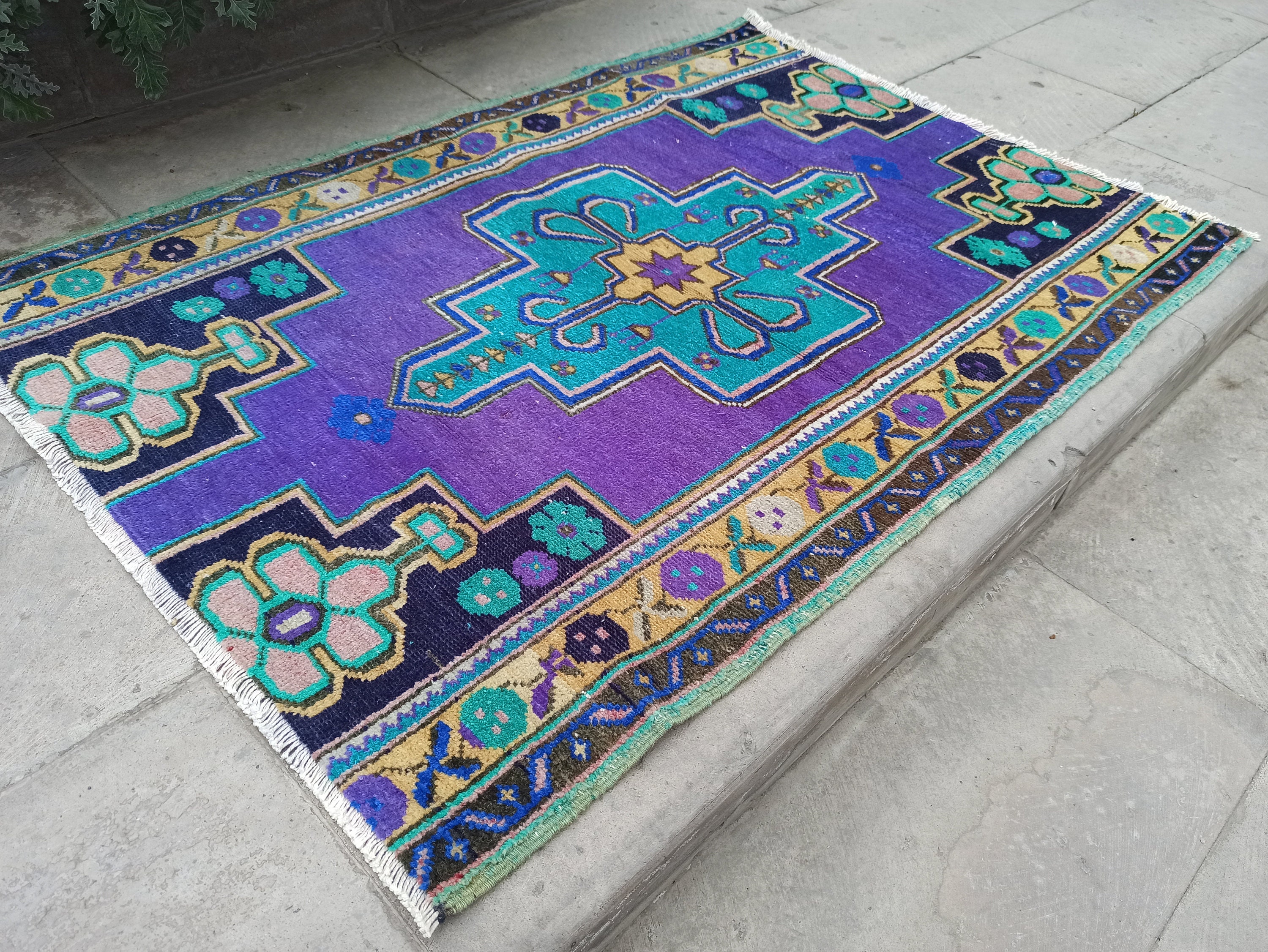 Turkish Rug 3x4 : Vintage Rugs ; Purple-green Colors | Area