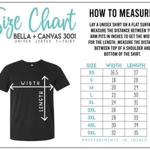 May include: Size chart for Bella + Canvas 3001 unisex jersey t-shirts. The chart shows measurements in inches for width and length, from XS to 5XL.