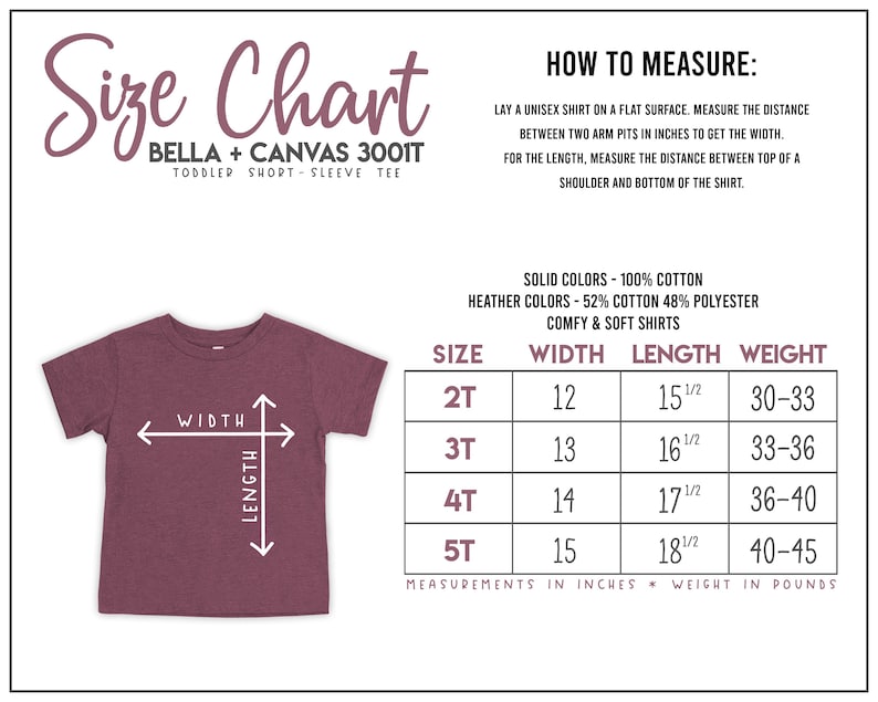 May include: A size chart for a Bella + Canvas 3001T toddler short-sleeve tee. The graphic displays a maroon t-shirt with width and length arrows, instructions on how to measure, and a table listing sizes 2T through 5T with measurements in inches.
