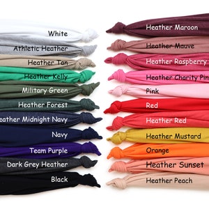 May include: A variety of t-shirt colors, including white, black, navy, heather grey, heather kelly, heather forest, heather midnight navy, team purple, heather tan, athletic heather, heather maroon, heather mauve, heather raspberry, heather charity pink, pink, red, heather red, heather mustard, orange, heather sunset, and heather peach.