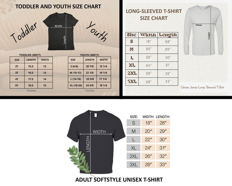 May include: Size chart for toddler, youth, and adult t-shirts. The chart shows the width and length measurements in inches for each size. The chart includes sizes for toddlers (2T, 3T, 4T, 5T), youth (S, M, L, XL), and adults (S, M, L, XL, 2XL, 3XL).