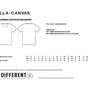 May include: A size chart for a unisex jersey tee, showing measurements in inches for chest and body length from the high point of shoulder. The fabric is 100% combed and ring-spun cotton or 99% combed and ring-spun cotton, 1% polyester. The chart includes sizes XS, S, M, L, XL, 2XL, 3XL, 4XL, and 5XL.